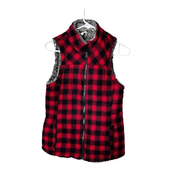 Maurice’s red black reversible plaid grey sherpa vest size small - Picture 2 of 7